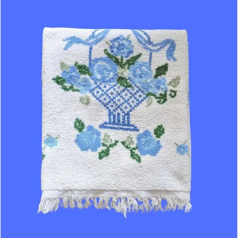 Vintage Cannon Bath Towel with Blue Floral Pattern